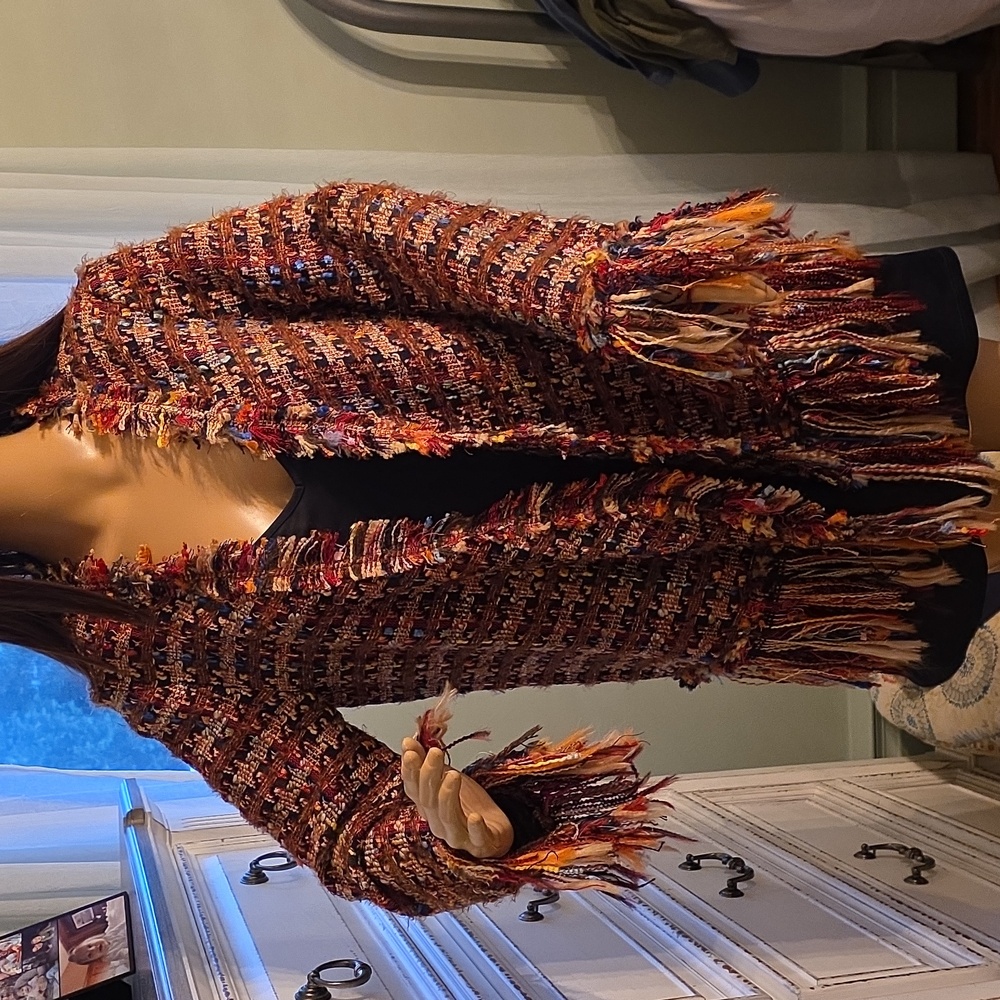 Zara Multicolor Fringe Tweed Boho Meets City Oversized Open Cardigan